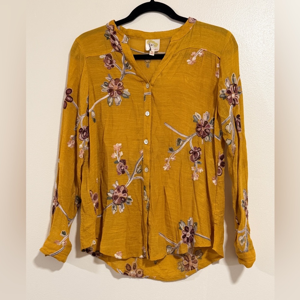 Anthropology Embroidered Floral Bohemian‎ Mustard Yellow Blouse Size S folk